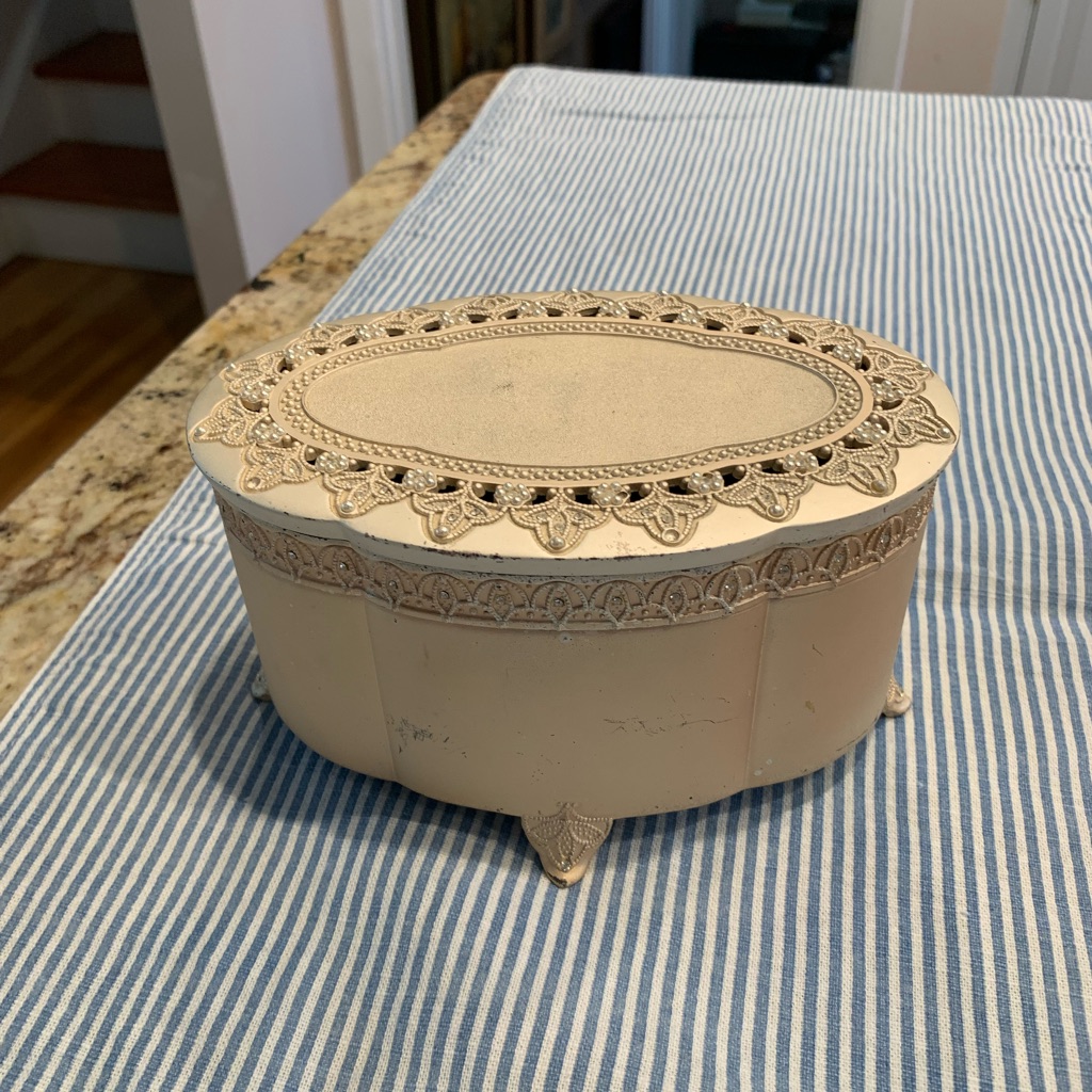 Vintage Goldtone Music Jewelry Box Faux Pearl Design
